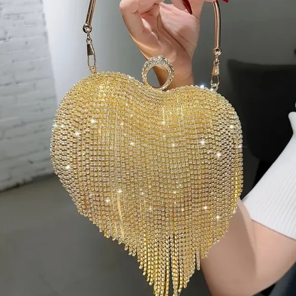 Gold Heart-Shaped Crystal Clutch with Fringe Bags
